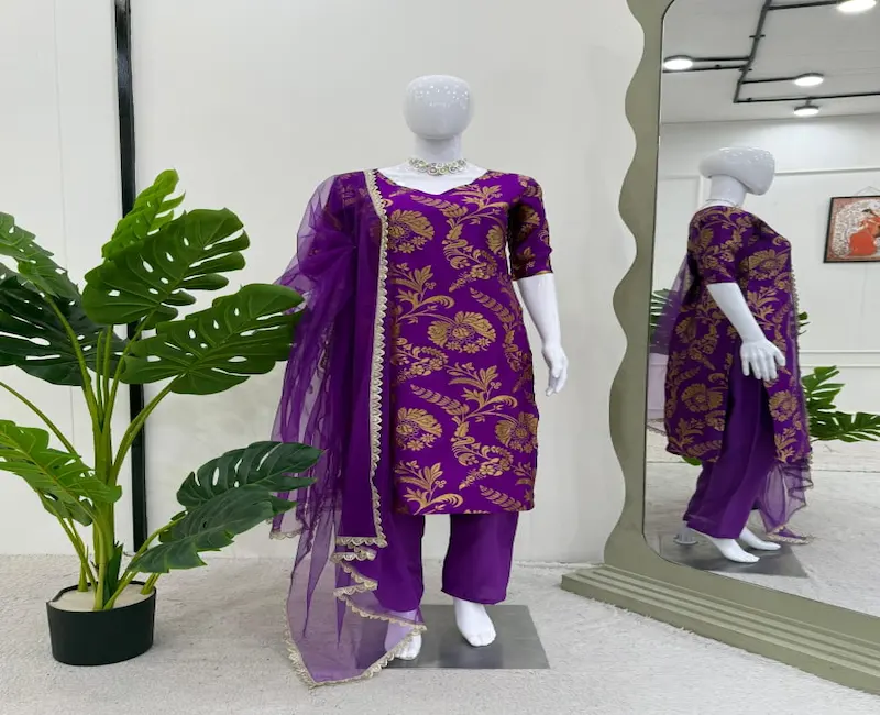 Classy Purple Jacquard Silk Suit Sets